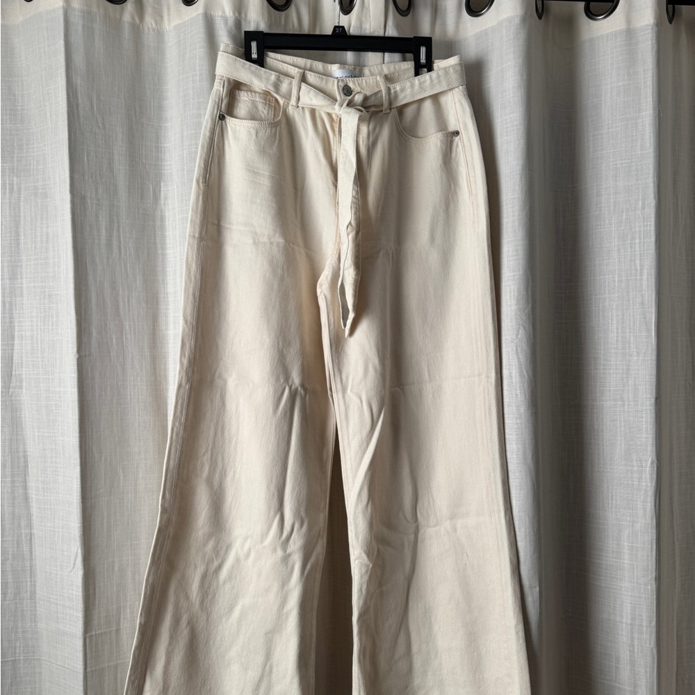 Cream Wide-Leg Pants with Belt